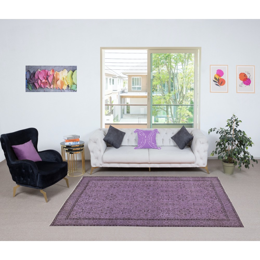 Floral Patterned Turkish Rug in Purple Color, Modern Hand Knotted Rug for Kitchen and Living Room