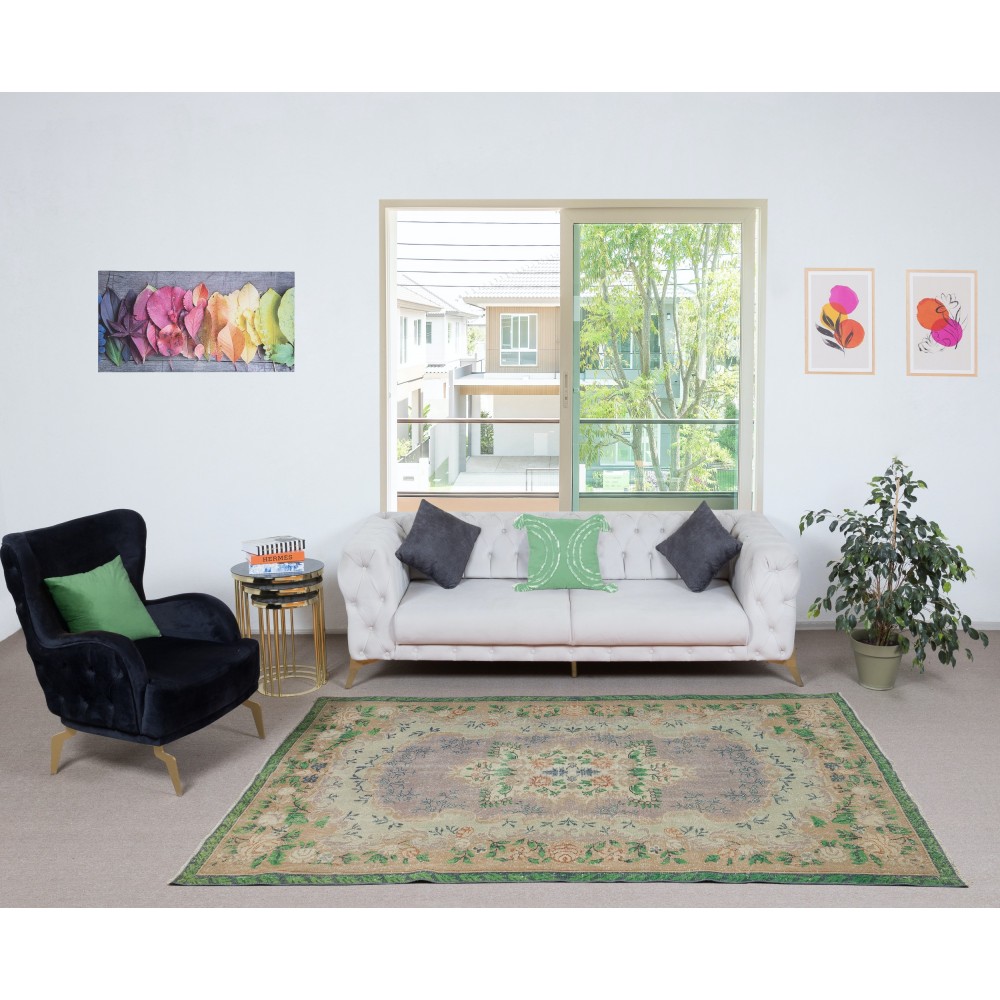 Vintage Turkish Rug in Shades of Green. Hand knotted Floral Medallion Design Carpet