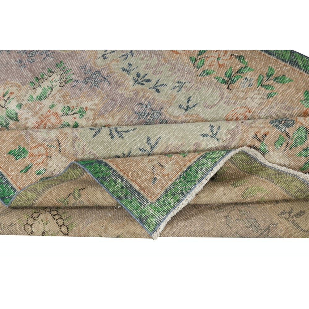 Vintage Turkish Rug in Shades of Green. Hand knotted Floral Medallion Design Carpet