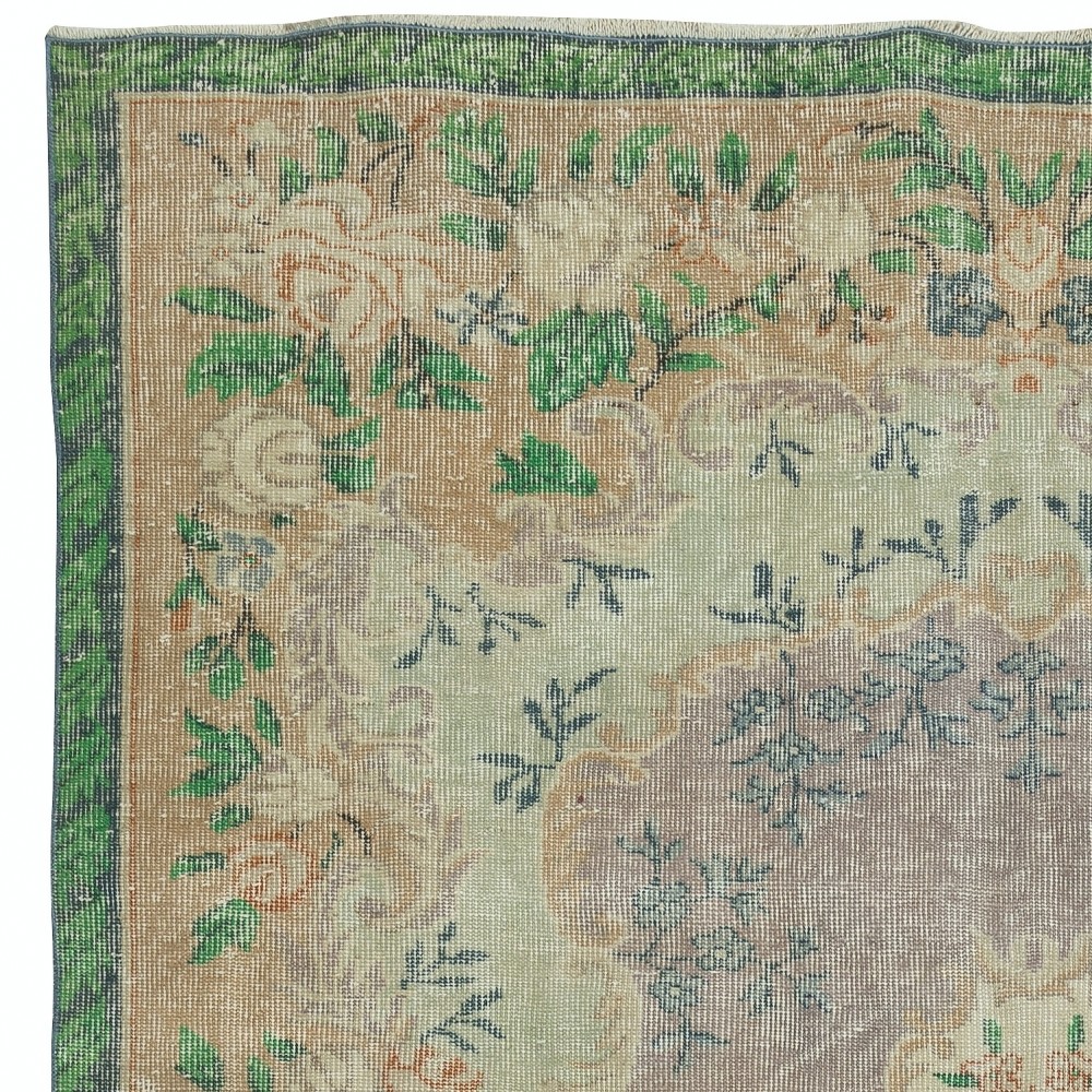 Vintage Turkish Rug in Shades of Green. Hand knotted Floral Medallion Design Carpet
