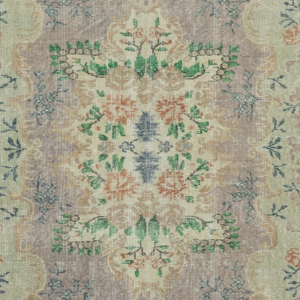 Vintage Turkish Rug in Shades of Green. Hand knotted Floral Medallion Design Carpet