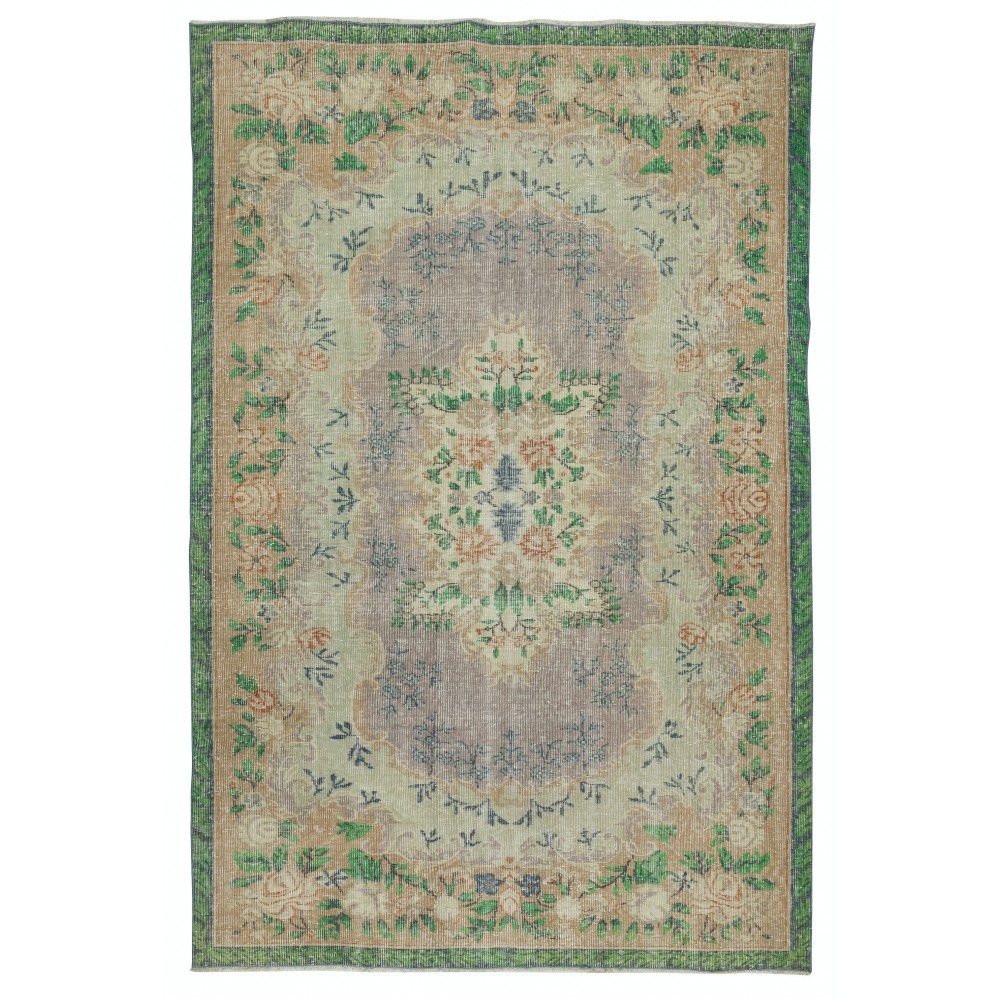Vintage Turkish Rug in Shades of Green. Hand knotted Floral Medallion Design Carpet