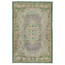Vintage Turkish Rug in Shades of Green. Hand knotted Floral Medallion Design Carpet