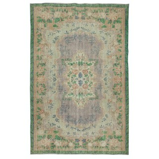 Vintage Turkish Rug in Shades of Green. Hand knotted Floral Medallion Design Carpet