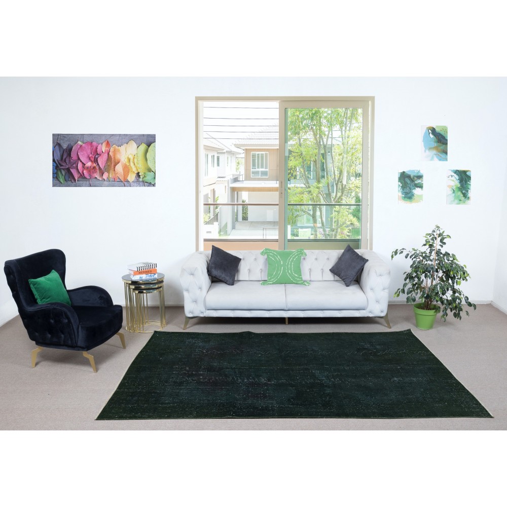 Hand-Knotted Turkish Wool Area Rug Overdyed in Solid Dark Green Color