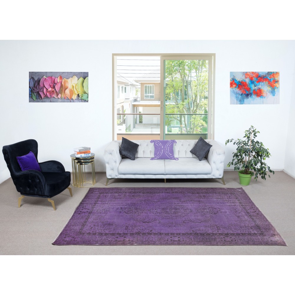 Vintage Handmade Turkish Area Rug redyed in Purple Color for modern interiors