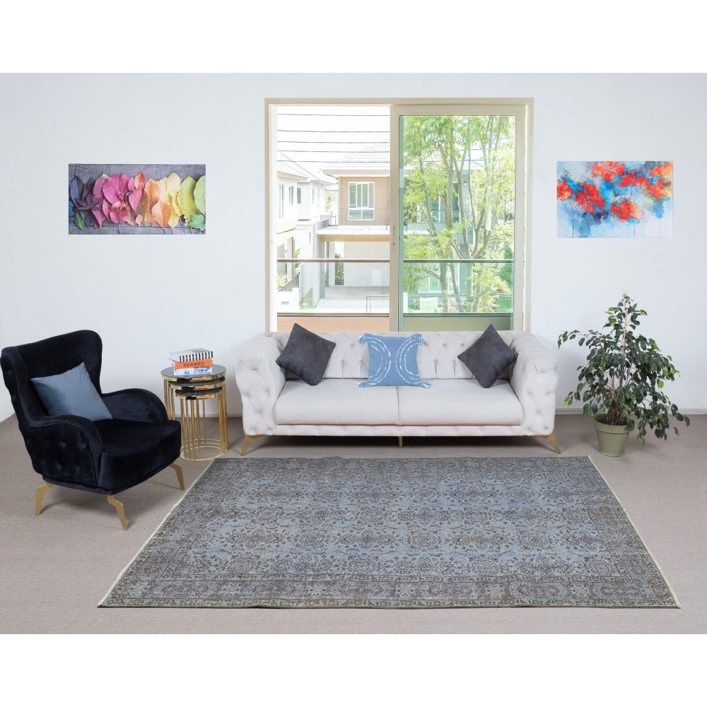 Vintage Handmade Turkish Area Rug dyed in Blue 4 Modern Interiors