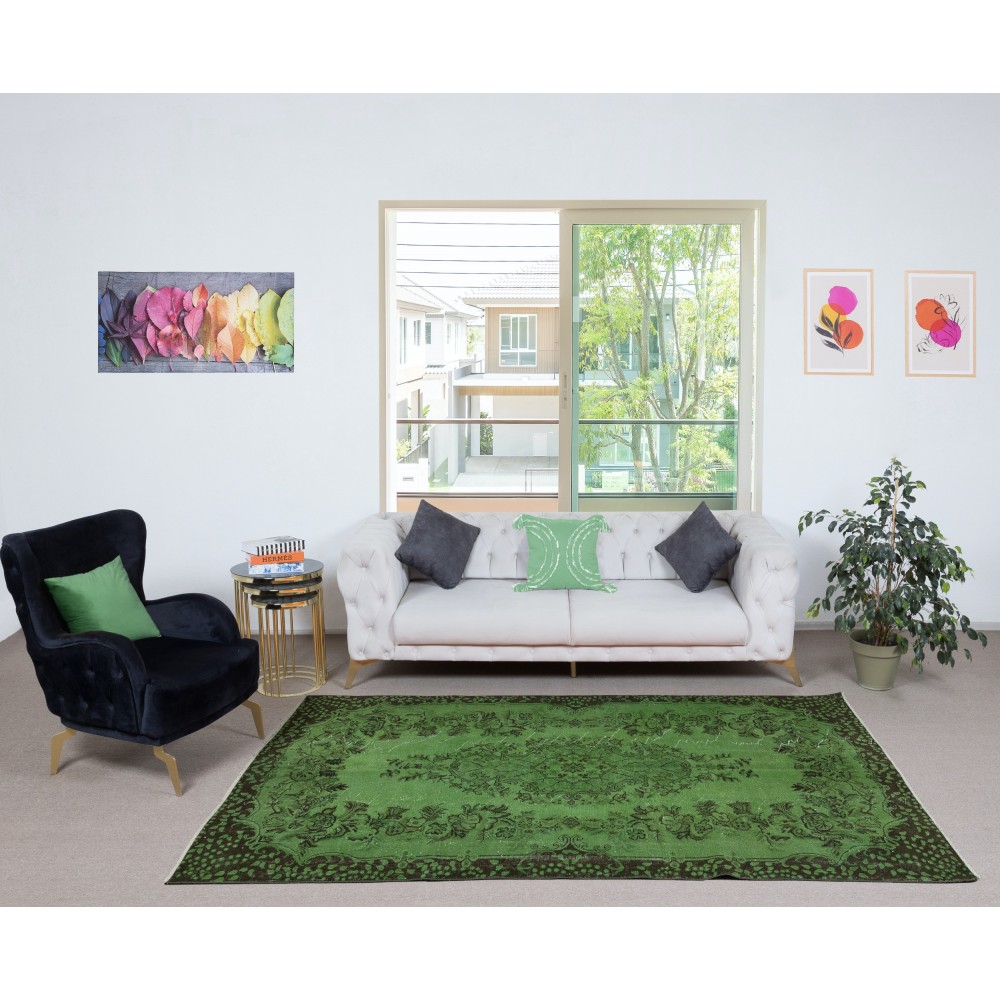 Contemporary Handmade Turkish Wool Area Rug in Green Color
