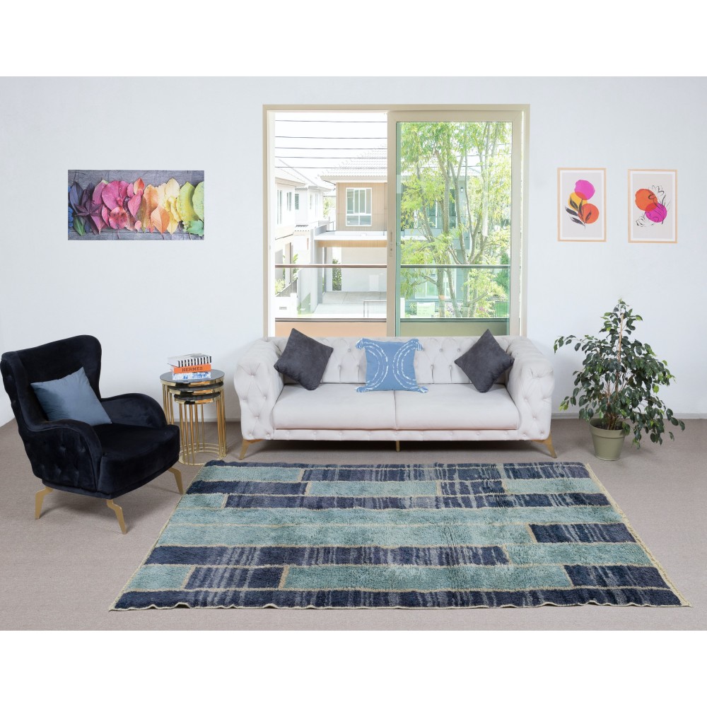 Contemporary Hand-Knotted Tulu Rug in Blue Tones, 100% Wool, Custom Options Available