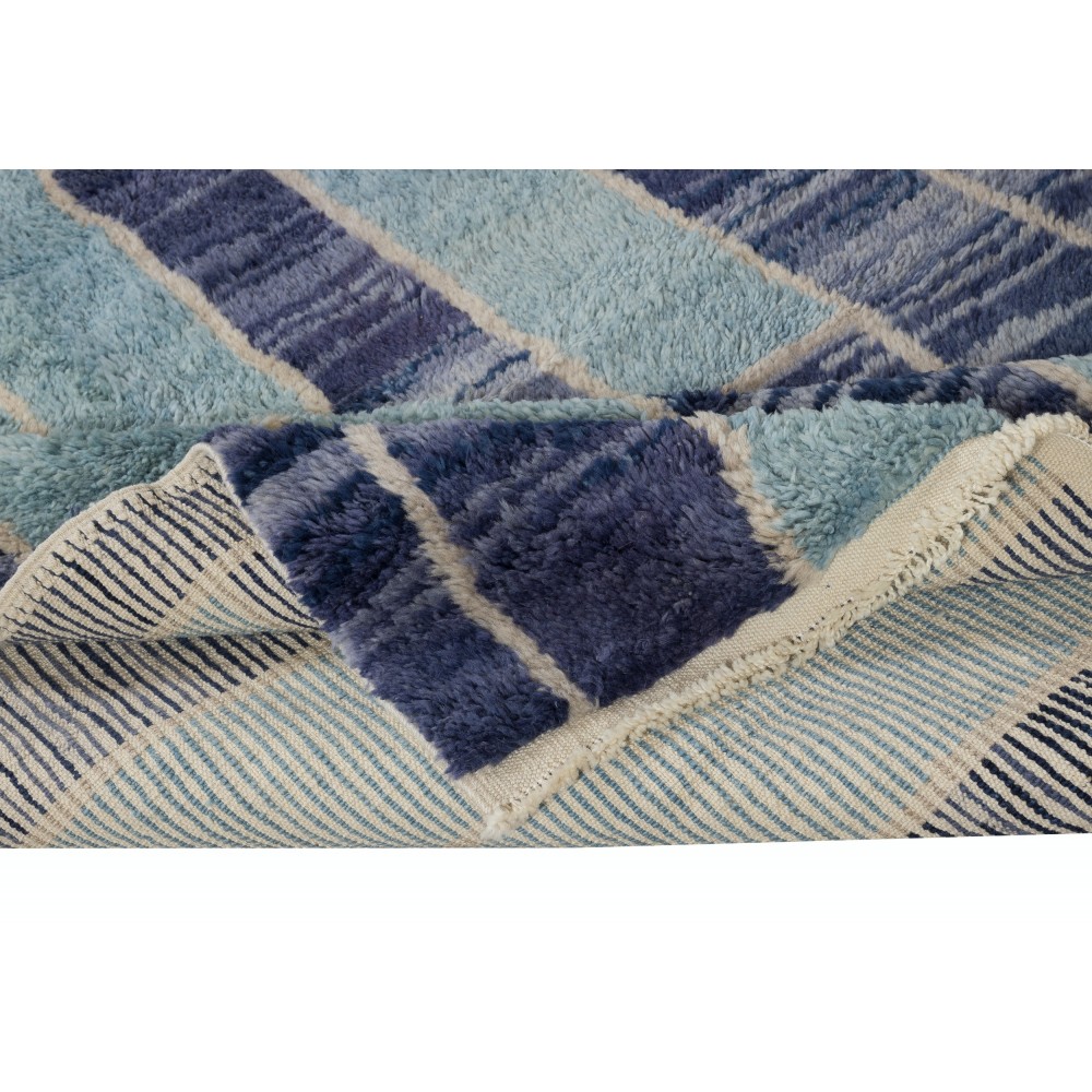Contemporary Hand-Knotted Tulu Rug in Blue Tones, 100% Wool, Custom Options Available