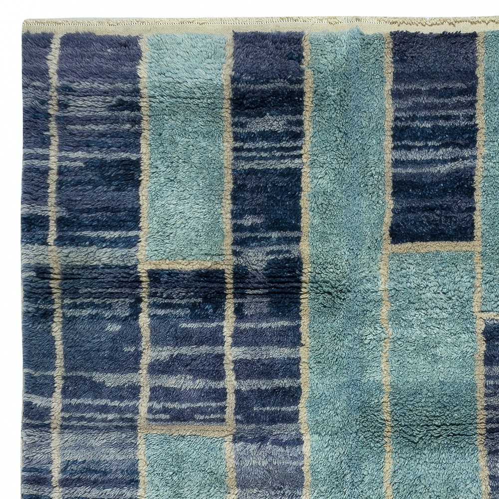 Contemporary Hand-Knotted Tulu Rug in Blue Tones, 100% Wool, Custom Options Available