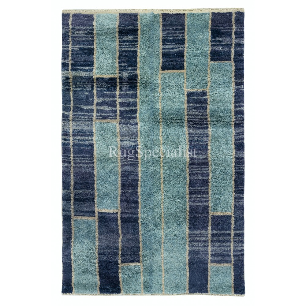 Contemporary Hand-Knotted Tulu Rug in Blue Tones, 100% Wool, Custom Options Available