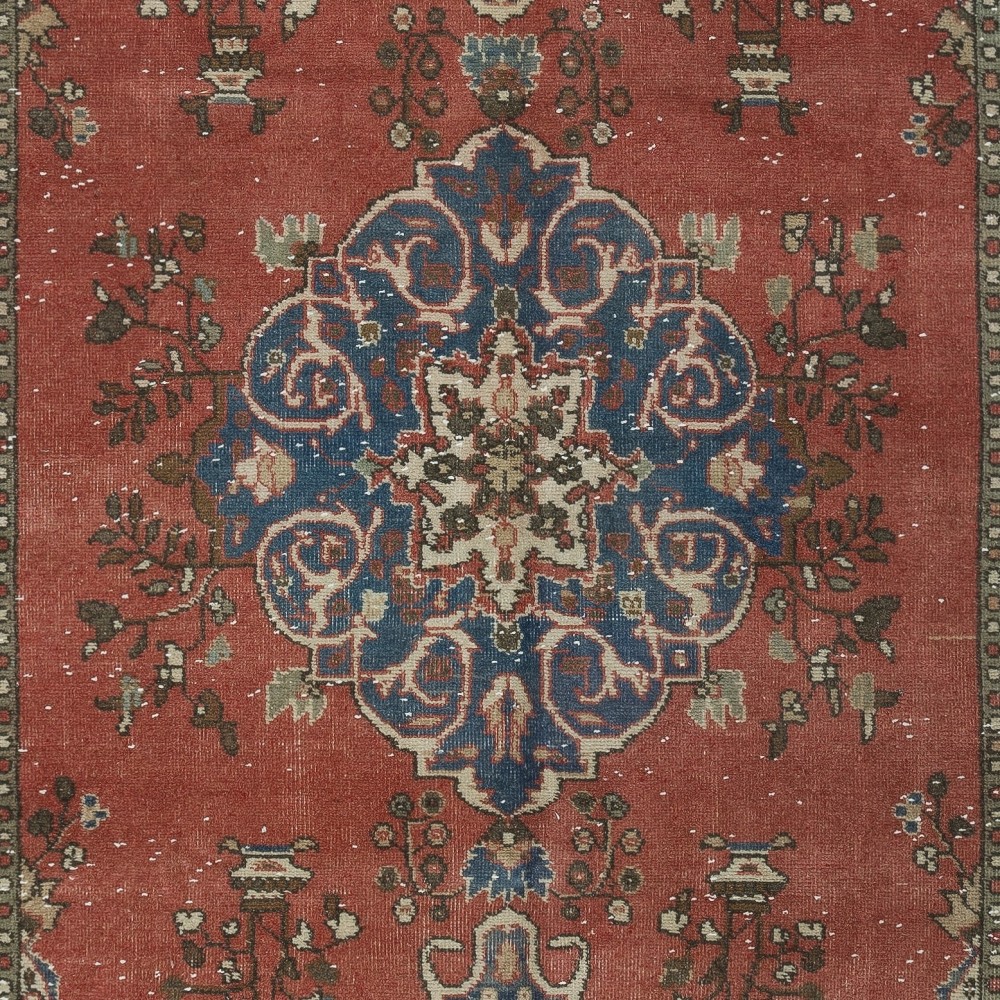 Vintage Handmade Turkish Wool Area Rug with Medallion Design