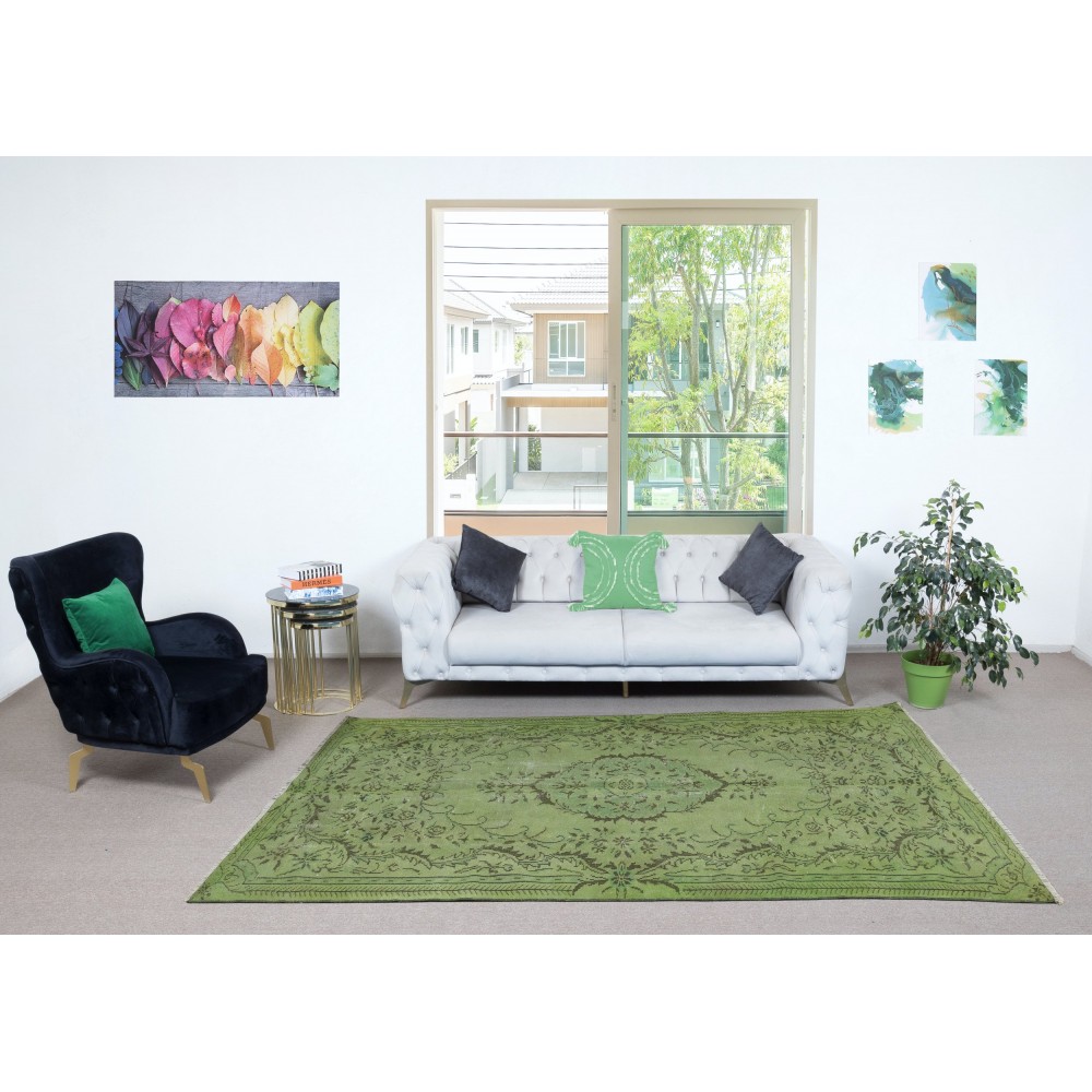 Modern Wool Area Rug. Handmade in Turkey. Green Color Living Room Rug