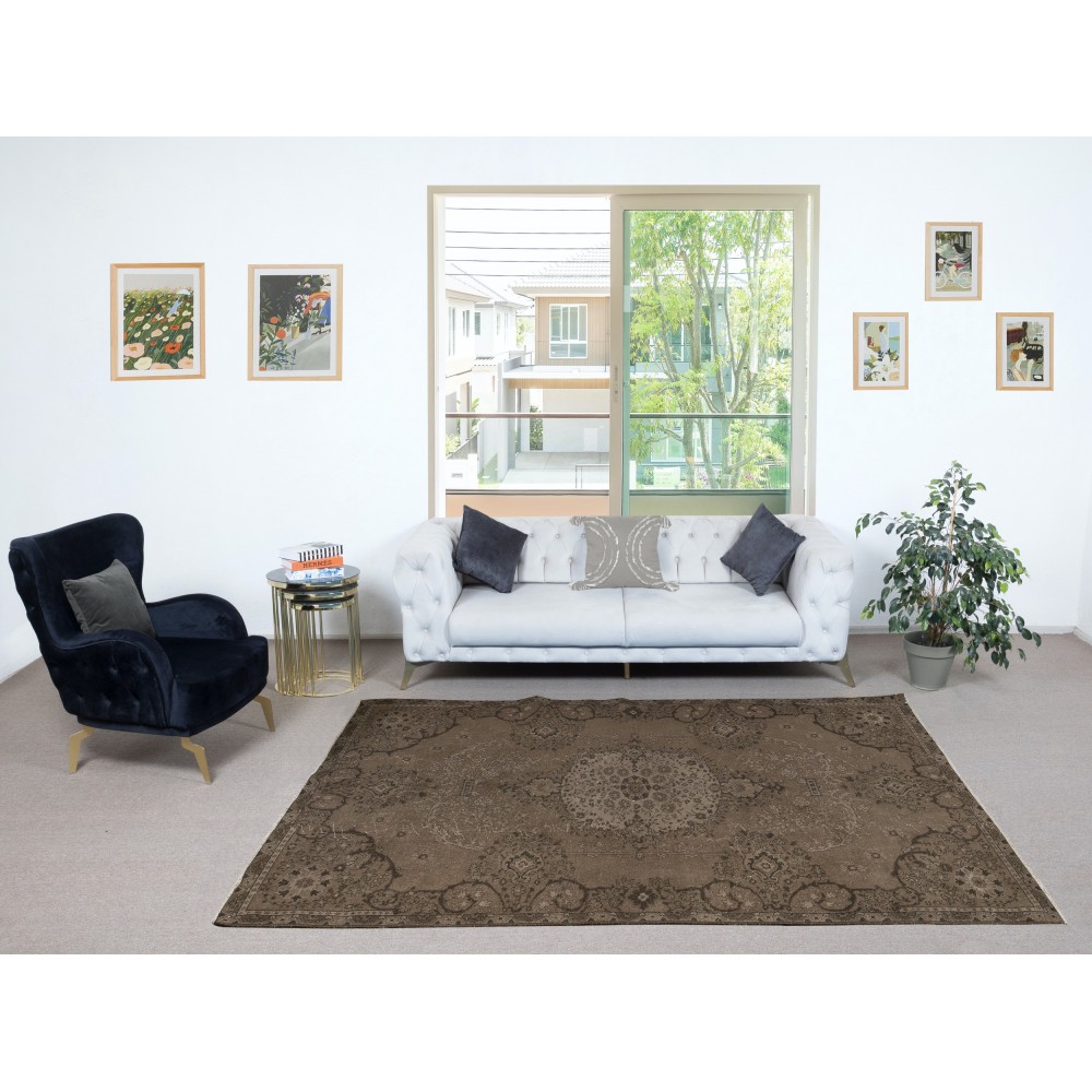 Contemporary Handmade Low Pile Turkish Wool Area Rug in Brown Color