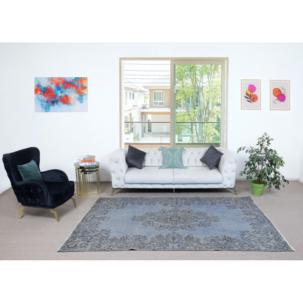 Vintage Handmade Turkish Area Rug dyed in Light Blue 4 Modern Interiors