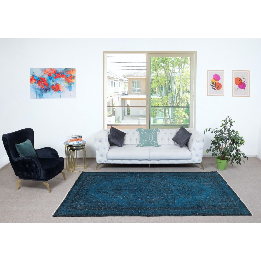 Vintage Handmade Turkish Area Rug redyed in Blue Color for modern interiors
