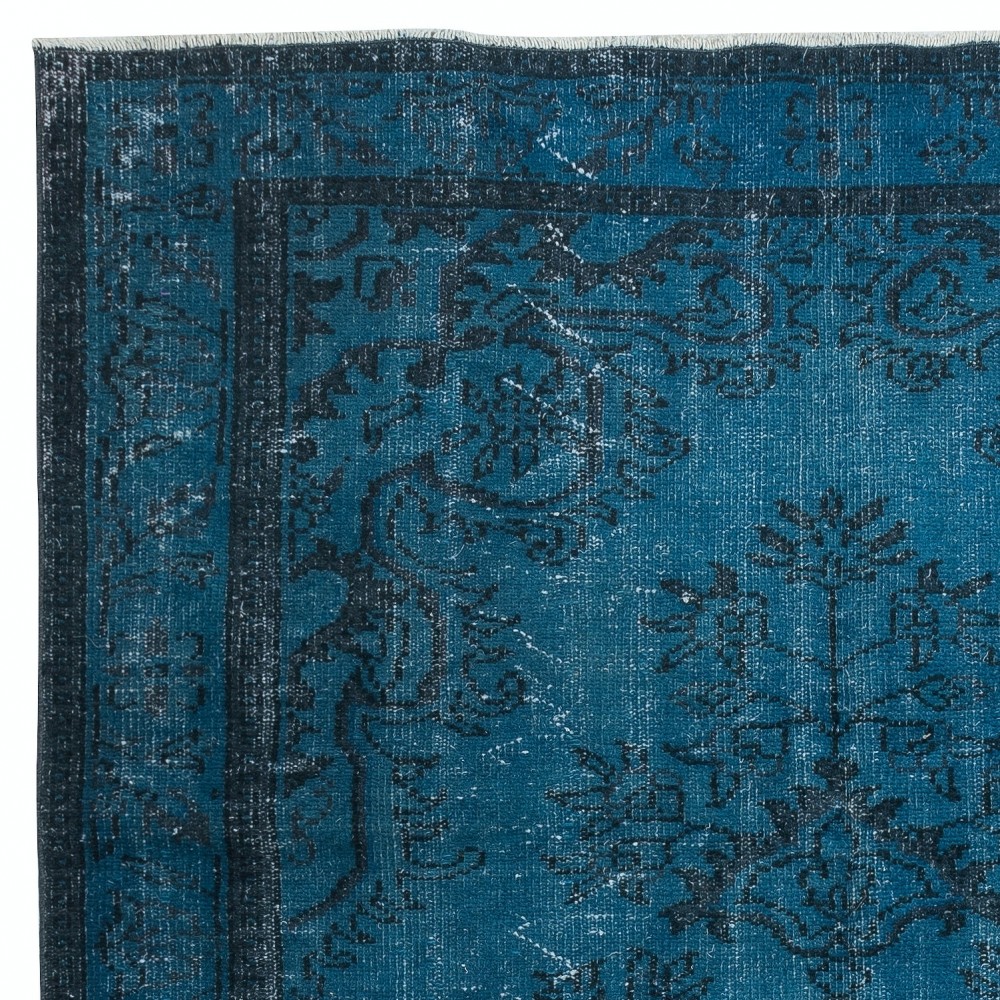 Vintage Handmade Turkish Area Rug redyed in Blue Color for modern interiors
