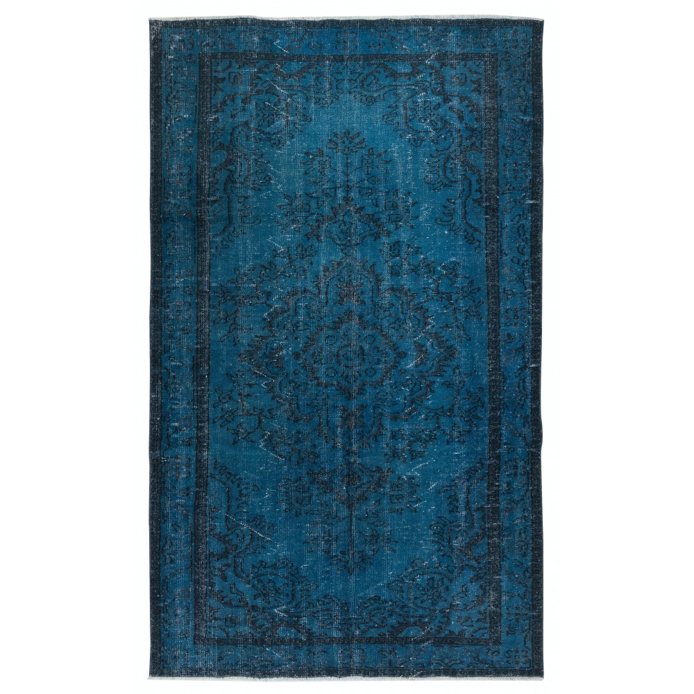 Vintage Handmade Turkish Area Rug redyed in Blue Color for modern interiors