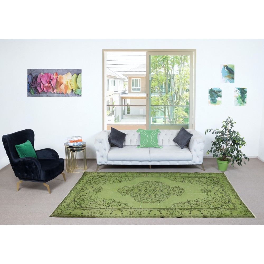 Green Color Over-Dyed Rug. Modern Handmade Turkish Area Rug. Bohemian Home Decor