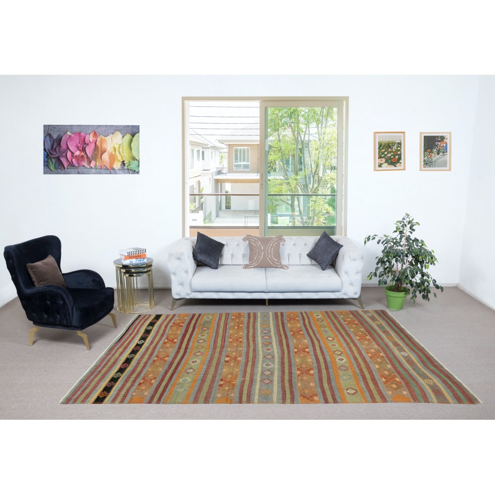 Vintage Handwoven Turkish Kilim Rug (Flat Weave) with Colorful Stripes. 100% Wool