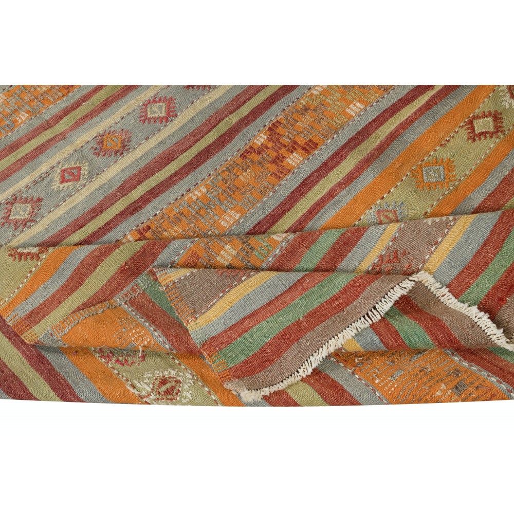 Vintage Handwoven Turkish Kilim Rug (Flat Weave) with Colorful Stripes. 100% Wool