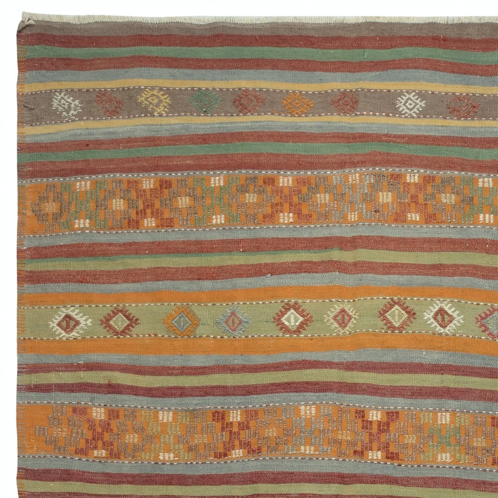 Vintage Handwoven Turkish Kilim Rug (Flat Weave) with Colorful Stripes. 100% Wool
