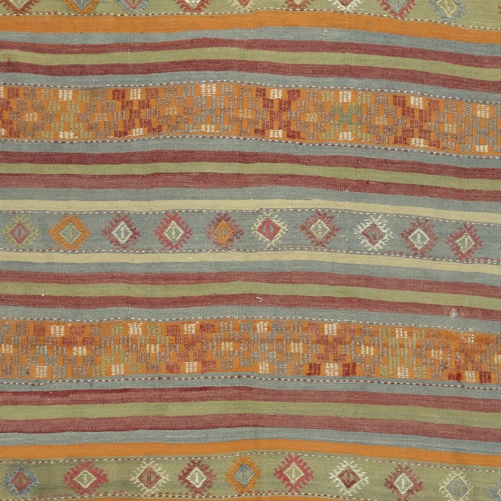 Vintage Handwoven Turkish Kilim Rug (Flat Weave) with Colorful Stripes. 100% Wool