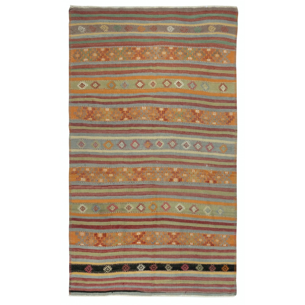 Vintage Handwoven Turkish Kilim Rug (Flat Weave) with Colorful Stripes. 100% Wool