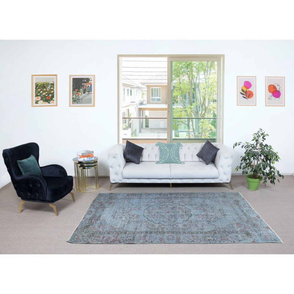 Contemporary Handmade Turkish Area Rug Over-Dyed in Light Blue. Woolen Floor Covering