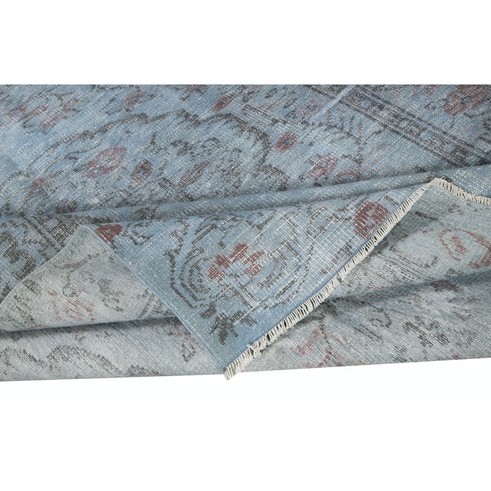 Contemporary Handmade Turkish Area Rug Over-Dyed in Light Blue. Woolen Floor Covering