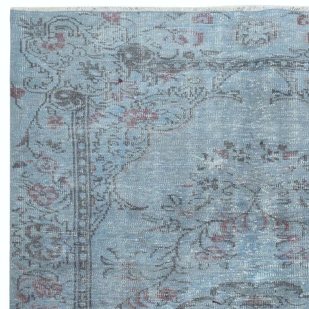 Contemporary Handmade Turkish Area Rug Over-Dyed in Light Blue. Woolen Floor Covering