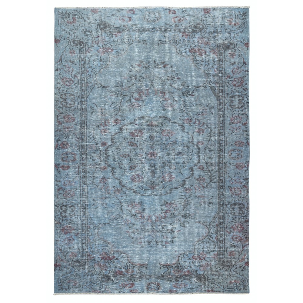Contemporary Handmade Turkish Area Rug Over-Dyed in Light Blue. Woolen Floor Covering