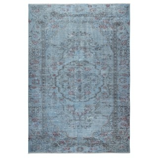 Contemporary Handmade Turkish Area Rug Over-Dyed in Light Blue. Woolen Floor Covering