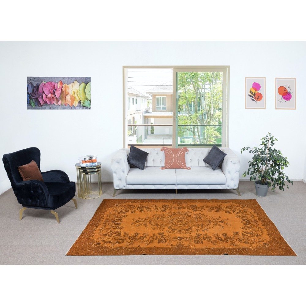 Orange Handmade Wool Area Rug from Turkey. Decorative Medallion Design Rug