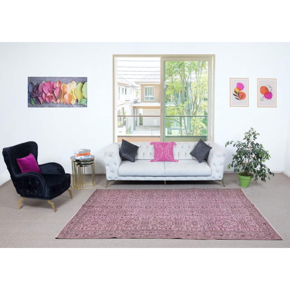 Contemporary Hand-knotted Area Rug with Floral Design. Pink Color Turkish Floor Covering