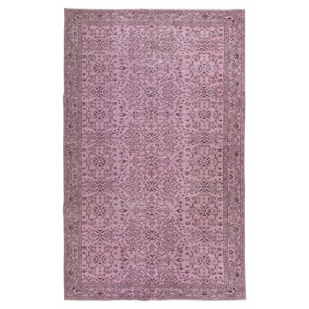 Contemporary Hand-knotted Area Rug with Floral Design. Pink Color Turkish Floor Covering