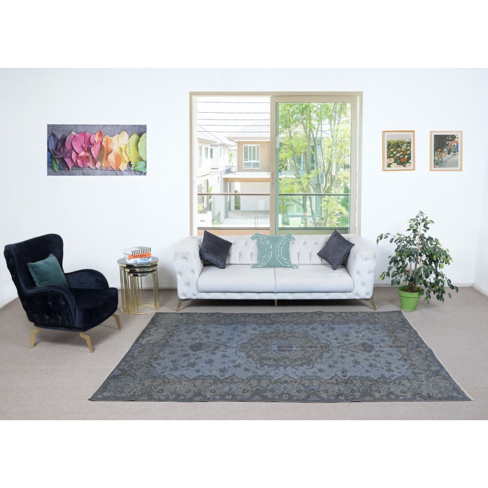 Handmade Navy Blue Area Rug for Living Room, Modern Turkish Carpet for Dining Room