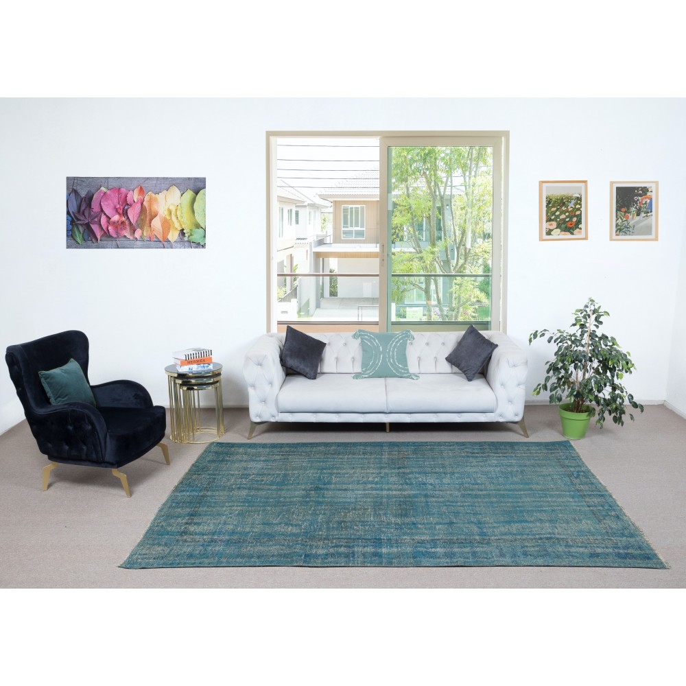Contemporary Distressed Area Rug in Blue, Hand-woven and Hand-knotted in Turkey