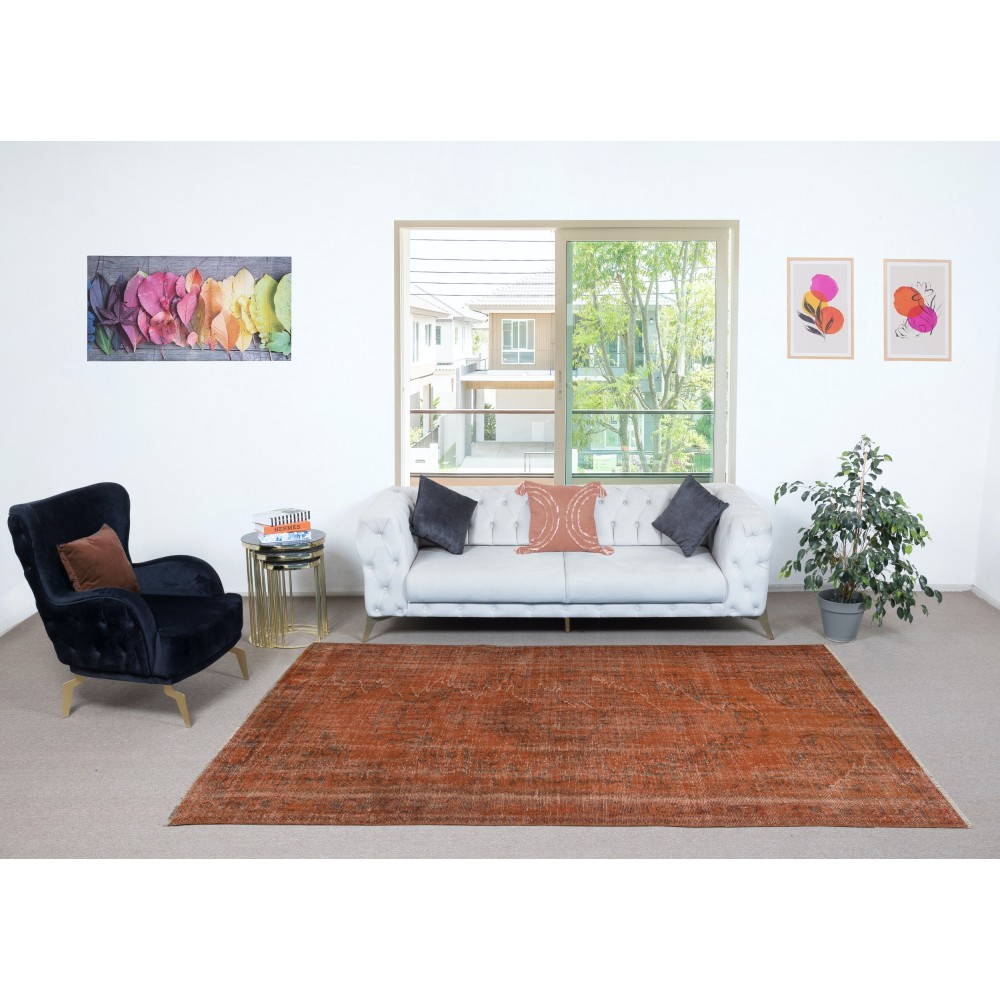 Handmade Bohemian Style Area Rug. Modern Orange Color Rug