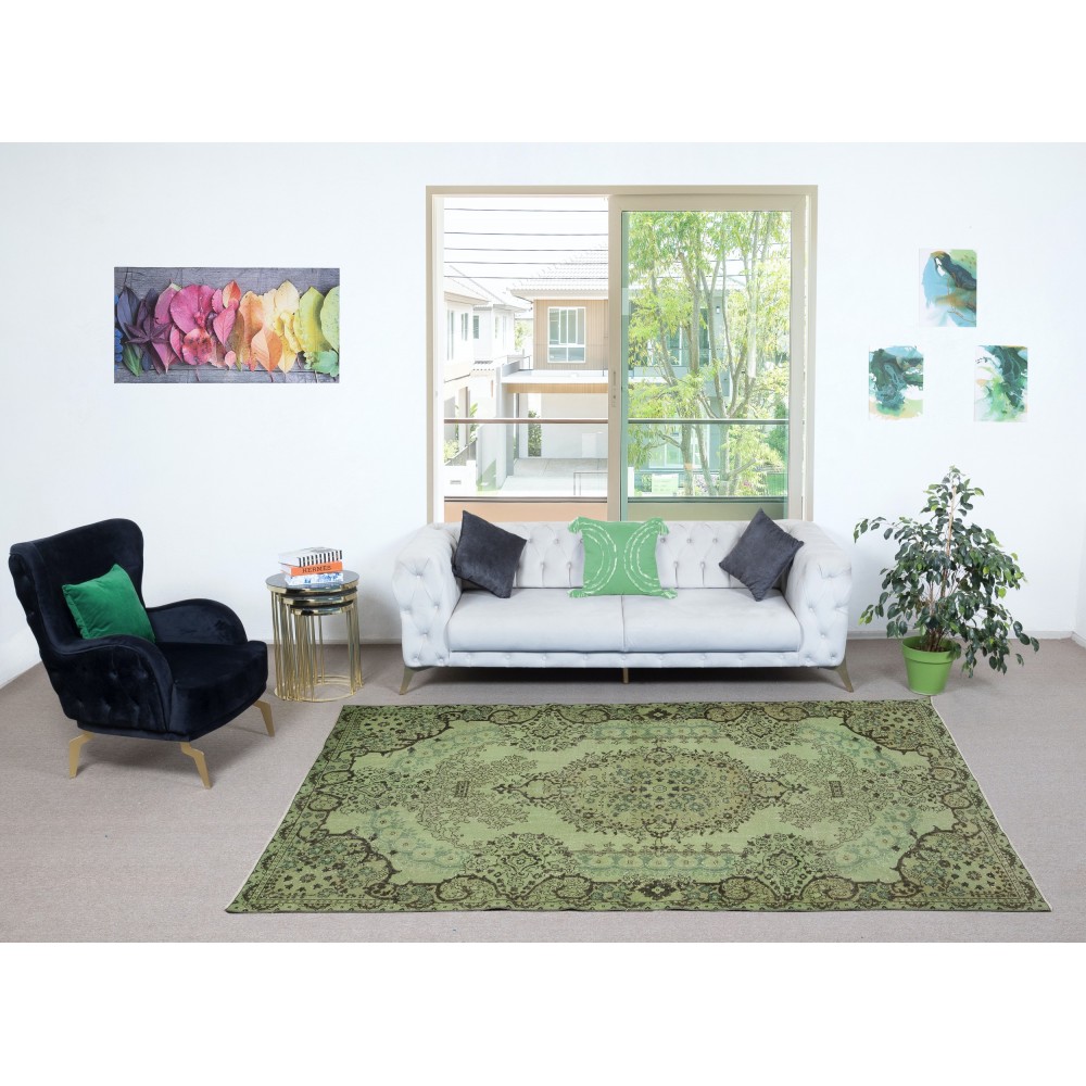 Handmade Turkish Wool Area Rug in Green, Modern Living Room Rug