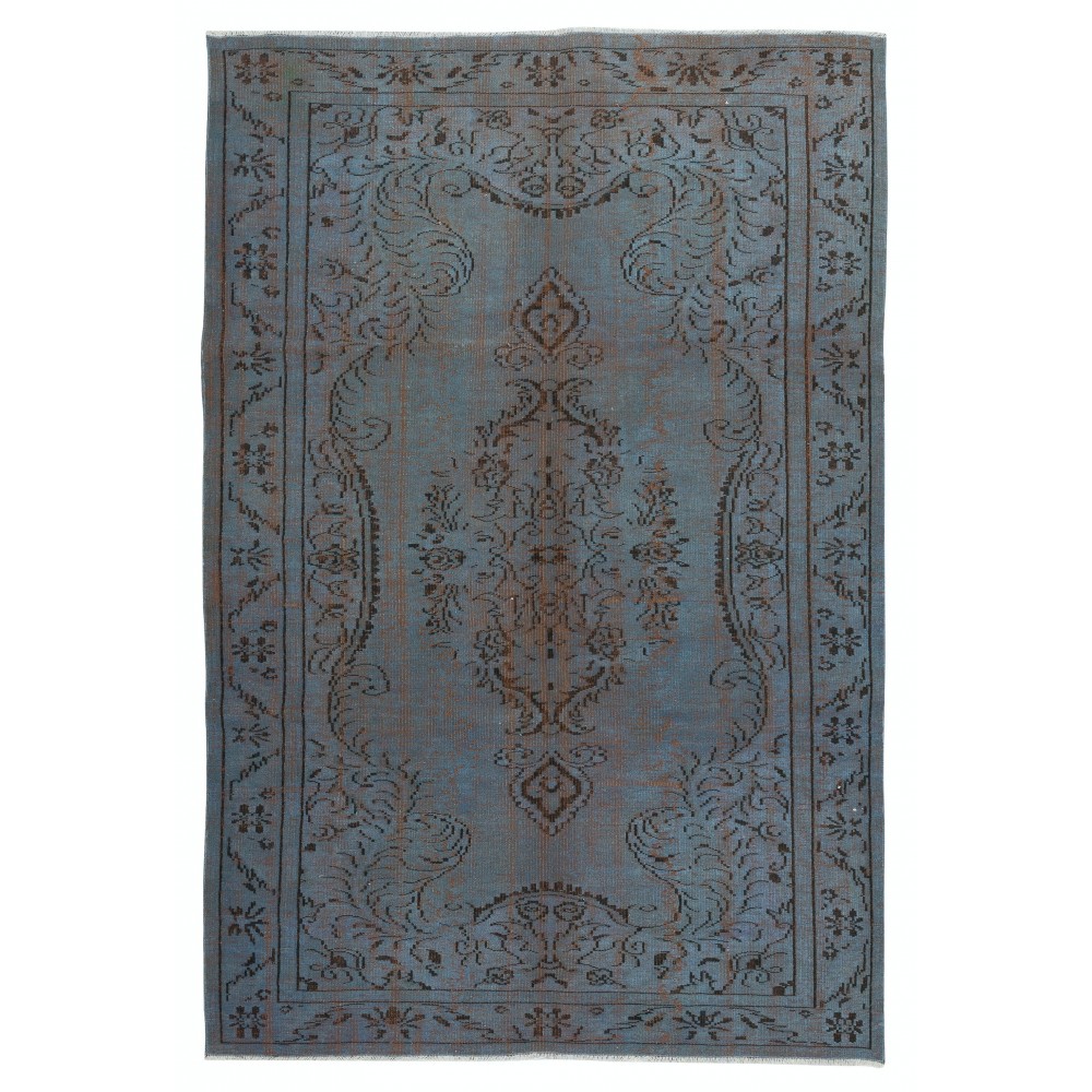 Vintage Handmade Turkish Area Rug redyed in Blue Color for modern interiors