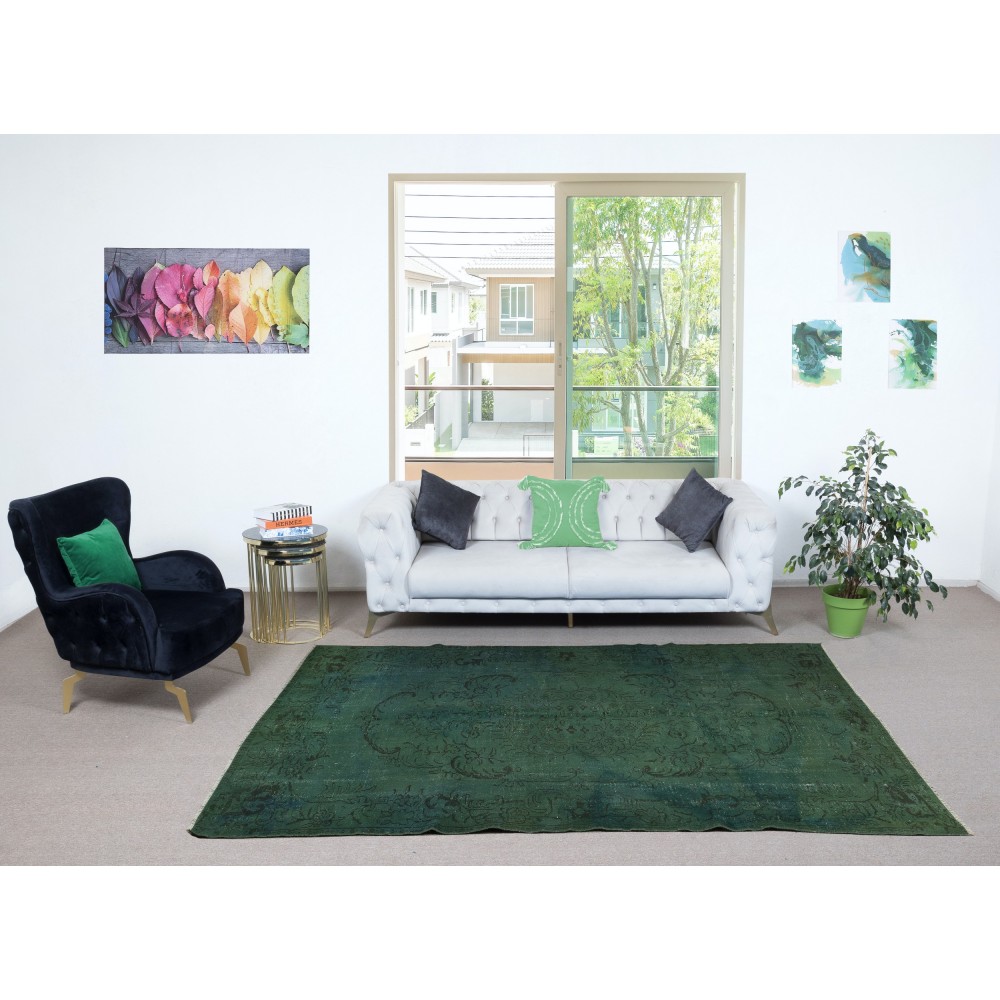 Modern Handmade Turkish Wool Area Rug in Dark Green