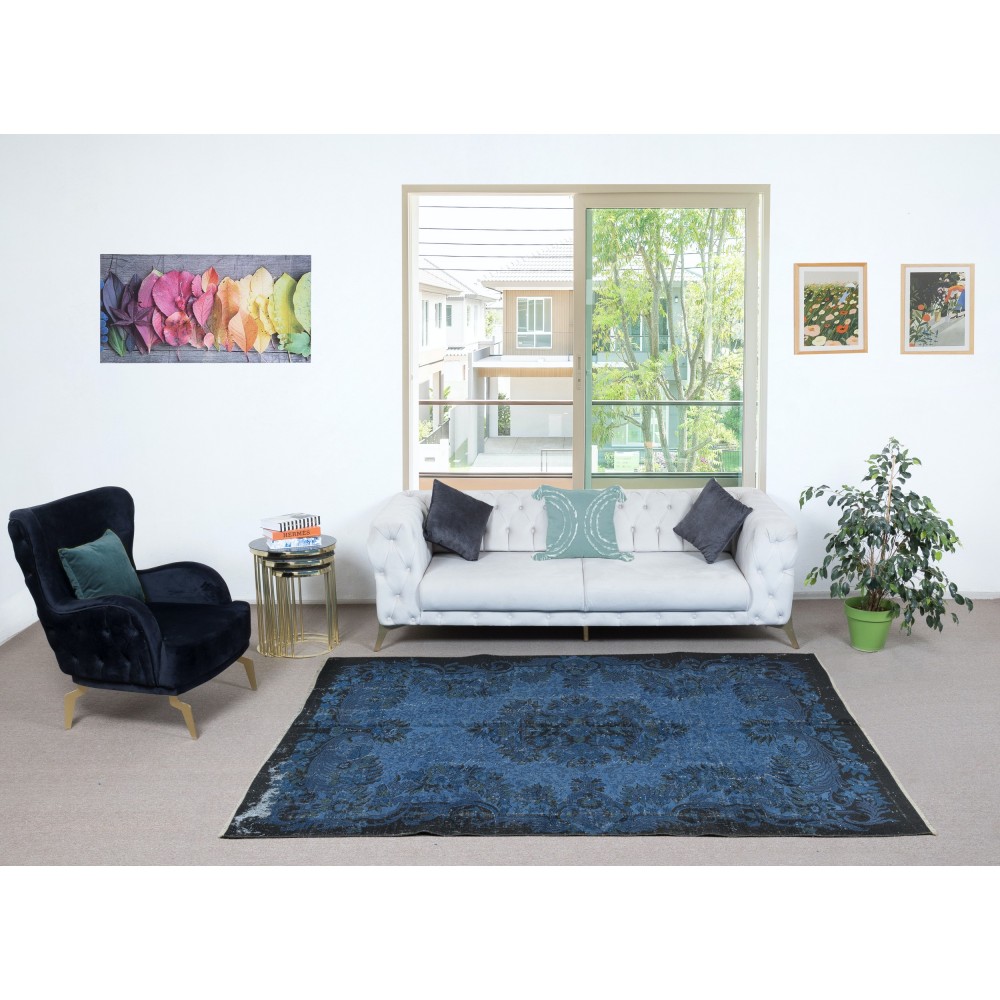 Vintage Handmade Turkish Area Rug dyed in Blue 4 Modern Interiors