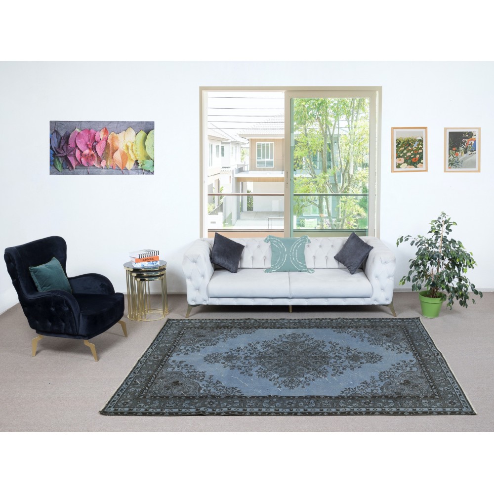 Modern Hand Knotted Blue Color Turkish Wool Area Rug with Medallion Design