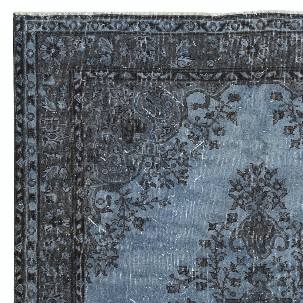 Modern Hand Knotted Blue Color Turkish Wool Area Rug with Medallion Design