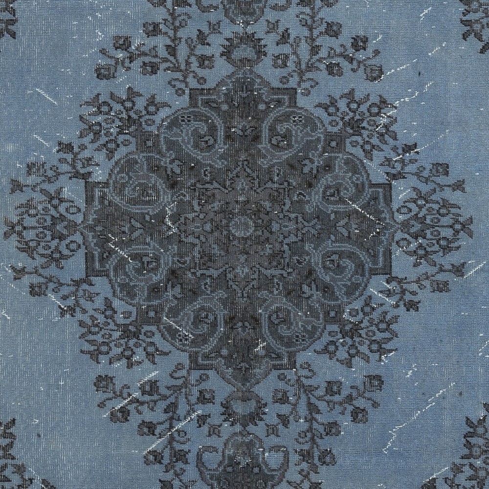 Modern Hand Knotted Blue Color Turkish Wool Area Rug with Medallion Design