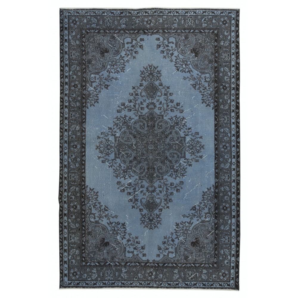 Modern Hand Knotted Blue Color Turkish Wool Area Rug with Medallion Design