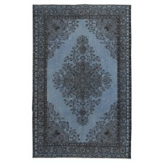 Modern Hand Knotted Blue Color Turkish Wool Area Rug with Medallion Design