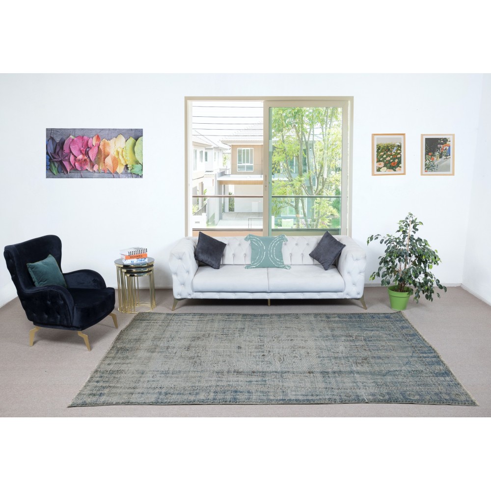 Distressed Blue Area Rug for Contemporary Interiors, Handmade in Turkey